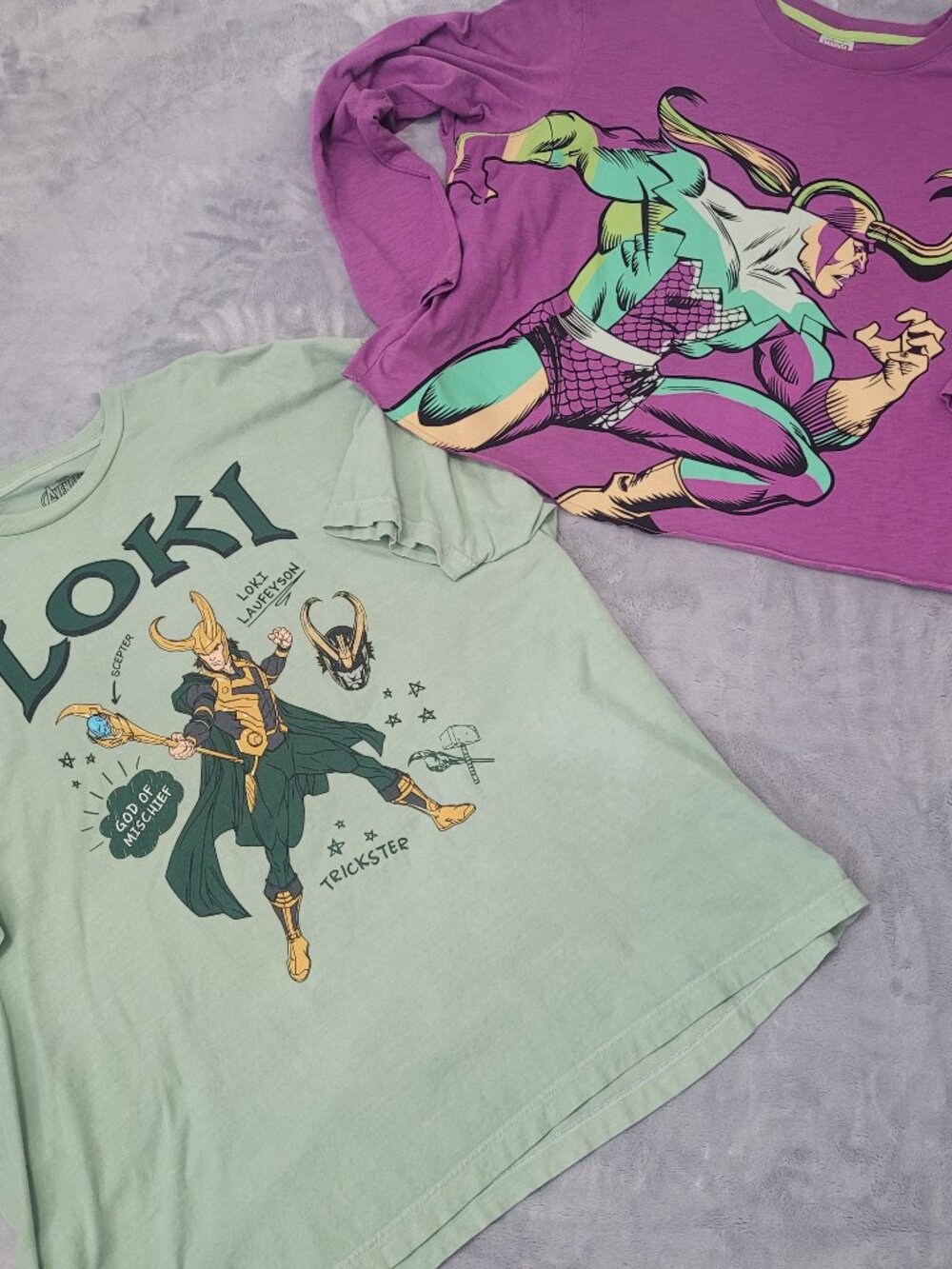 Marvel Loki Shirts LOT OF 2 Long-slv Purple 2XL, Short-slv Green 3XL Unisex